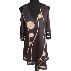 Womens Black V-Neck Mesh Trim Cold Shoulder Tunic Mini Dress Black Beige Small